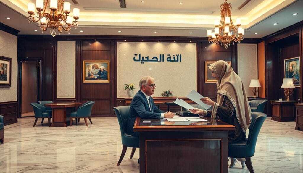 An interior scene of a formal office space with polished marble floors, wooden desks, and elegant chandeliers. In the foreground, a well-dressed middle-aged man sits behind a desk, meeting with a younger woman in traditional Saudi attire. The woman gestures animatedly as they discuss legal documents related to "نقل الكفالة قانونياً". The walls display the brand name "مكتب عهد الخليج للاستقدام" and tasteful artwork. The scene is bathed in warm, natural lighting, conveying a sense of professionalism and trust. The overall atmosphere is one of a reputable, high-end establishment handling legal matters with care.