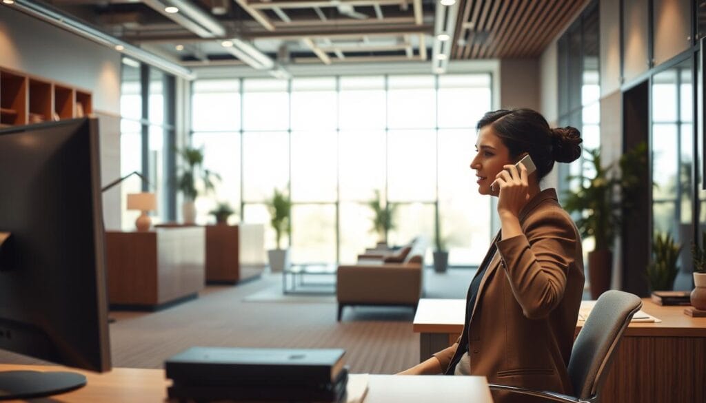 A contemporary office interior with a warm, professional atmosphere. In the foreground, a well-dressed woman sits at a desk, engaged in a phone conversation. On the desk, a computer monitor and some documents are visible. The middle ground features a reception area with comfortable seating and decorative plants. The background showcases floor-to-ceiling windows, allowing natural light to flood the space. The lighting is soft and indirect, creating a calming ambiance. The color palette consists of neutral tones, such as beige, gray, and wood accents, exuding a sense of sophistication. The overall composition conveys a welcoming and efficient workspace.
