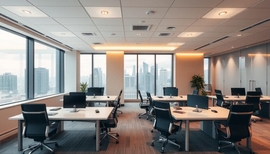 A modern and minimalist office interior with clean lines and neutral tones. Sleek desks and chairs arranged in a professional layout, conveying an atmosphere of efficiency and competitiveness. Warm lighting from recessed ceiling fixtures casts a soft glow, creating a welcoming ambiance. Large windows along one wall offer a panoramic view of a bustling city skyline, emphasizing the company's central, accessible location. Subtle branding elements, such as a logo or corporate colors, are tastefully incorporated to reinforce the brand identity. An overall sense of sophistication and attention to detail that reflects the high-quality, competitively priced services offered by the relocation services firm. A modern and minimalist office interior with clean lines and neutral tones. Sleek desks and chairs arranged in a professional layout, conveying an atmosphere of efficiency and competitiveness. Warm lighting from recessed ceiling fixtures casts a soft glow, creating a welcoming ambiance. Large windows along one wall offer a panoramic view of a bustling city skyline, emphasizing the company's central, accessible location. Subtle branding elements, such as a logo or corporate colors, are tastefully incorporated to reinforce the brand identity. An overall sense of sophistication and attention to detail that reflects the high-quality, competitively priced services offered by the relocation services firm.