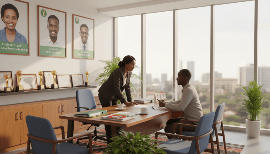 A modern Ethiopian recruitment office, showcasing a welcoming atmosphere. In the foreground, a professional consultant, dressed in smart business attire, speaks with a client over a desk cluttered with paperwork and brochures. The middle ground features bright posters highlighting credible Ethiopian candidates, alongside awards and certifications on the walls, symbolizing trust. The background reveals large windows allowing soft, natural light to fill the space, creating a warm ambiance. The room is tidy and organized, with plants bringing a touch of life. The scene conveys professionalism, reliability, and a sense of community in the recruitment process. The angle is slightly elevated, capturing the interaction and the office environment seamlessly, evoking a sense of confidence and assurance.